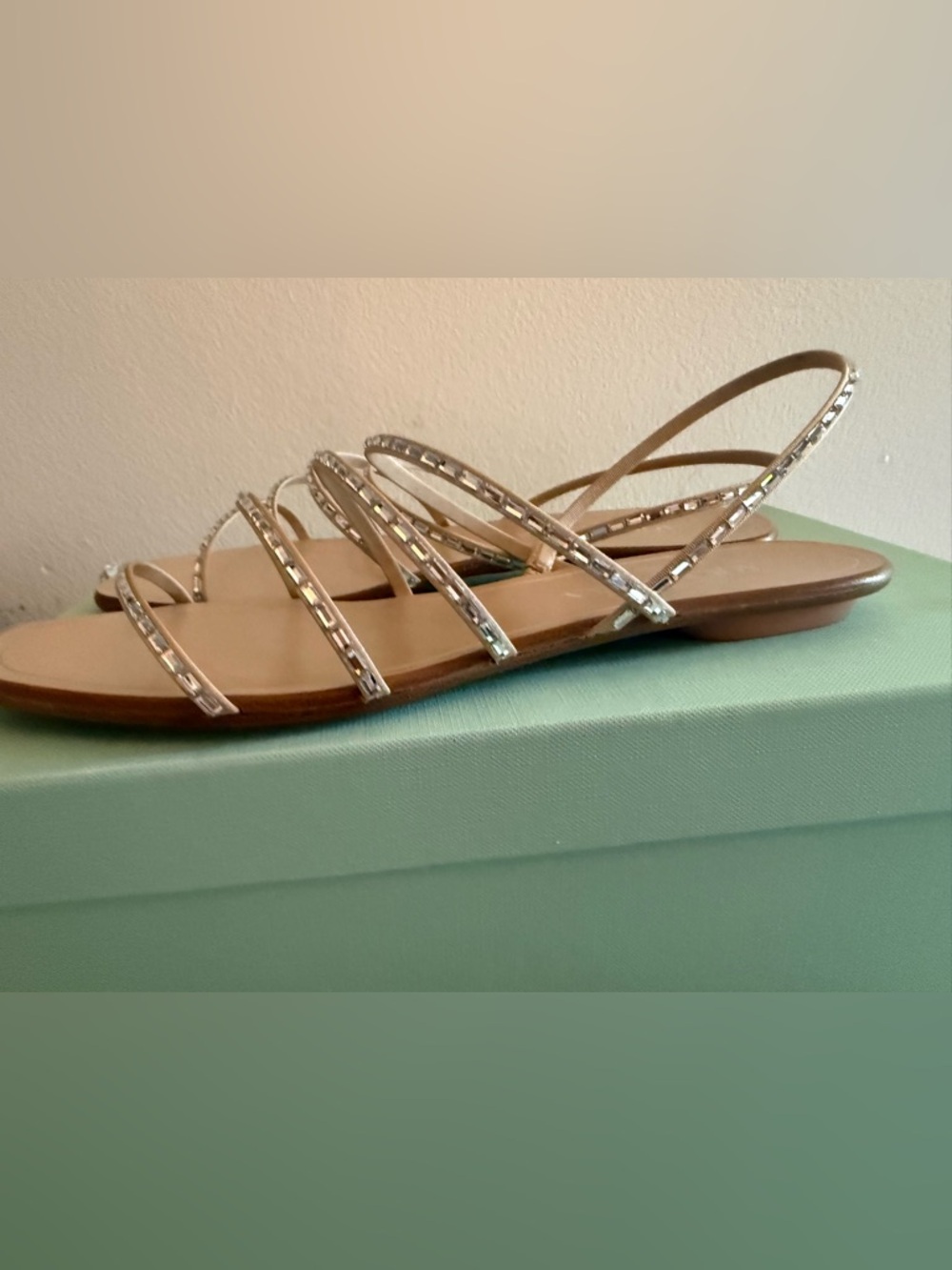 Aquazzura Tan Crystal-Strap Square Toe Flat Sandals - Picture 9 of 10